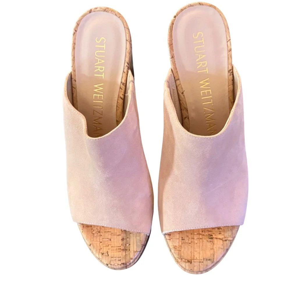 NWOT Stuart Weitzman Margarite Blush Suede Cork Wedge Platform Spain SZ7 PeepToe - Picture 4 of 9
